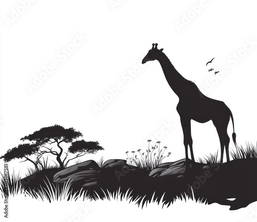 Silhouette of a giraffe in African savanna landscape. photo