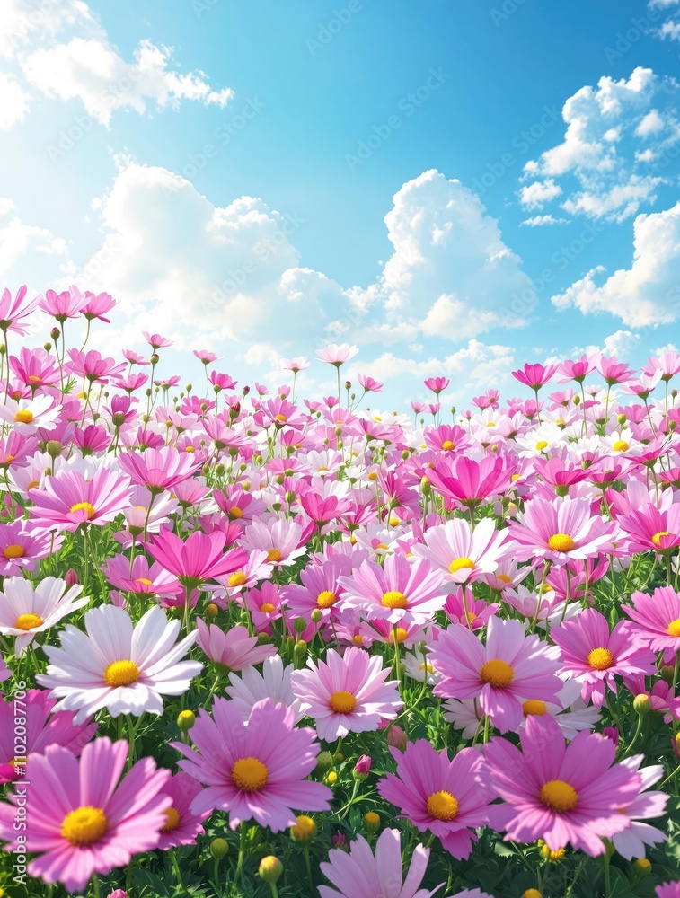 A sprawling bed of cosmos flowers in full bloom against a blue sky background, flower bouquet, colorful gardens, cosmos flower garden A sprawling bed of cosmos flowers in full bloom against a blue sky background, flower bouquet, colorful gardens, cosmos flower garden