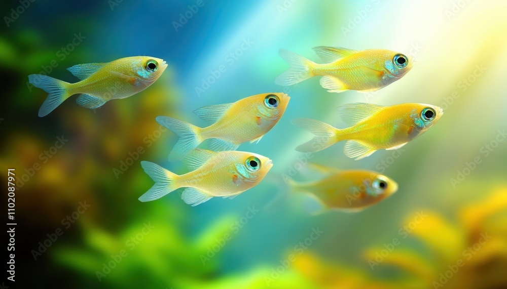 Naklejka premium Vibrant Yellow Fish Schooling in Aquatic Paradise: A Stunning Underwater Scene