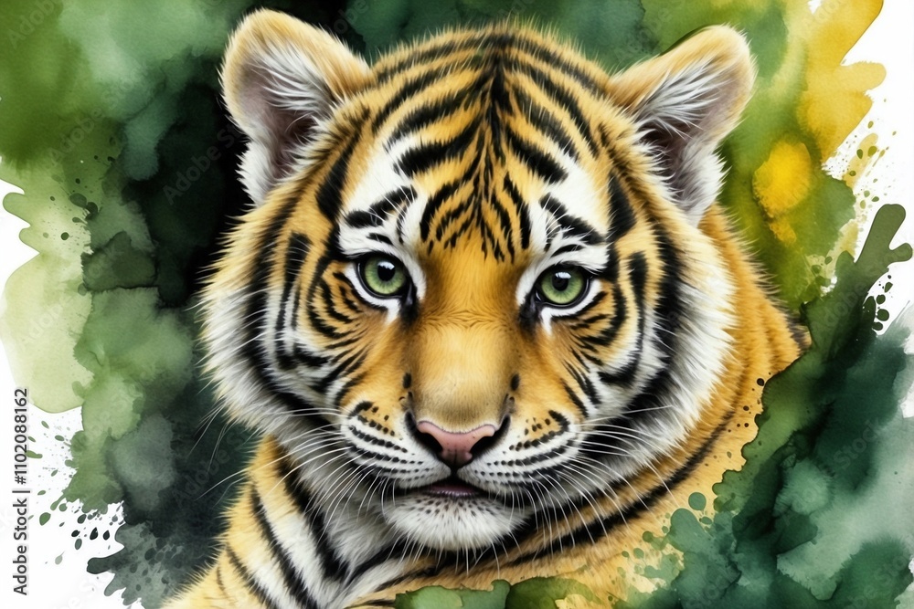 Fototapeta premium Watercolor Illustration of a Cute Tiger Cub in Vibrant Green and Yellow Tones