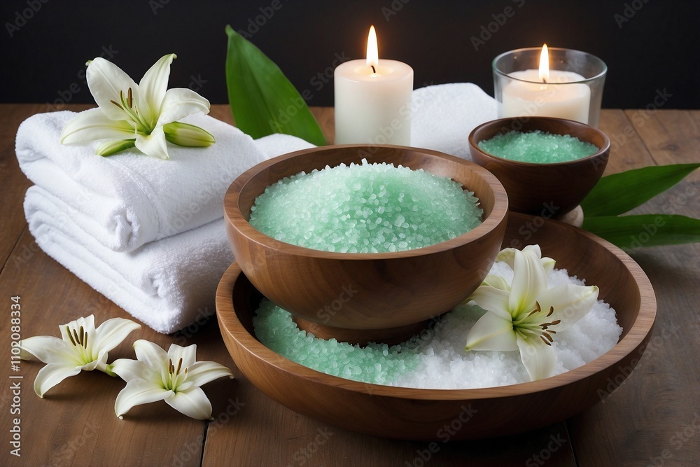Wooden Bowl with Green Bath Salt and a Stack of White Towels on a Wooden Table Wooden Bowl with Green Bath Salt and a Stack of White Towels on a Wooden Table