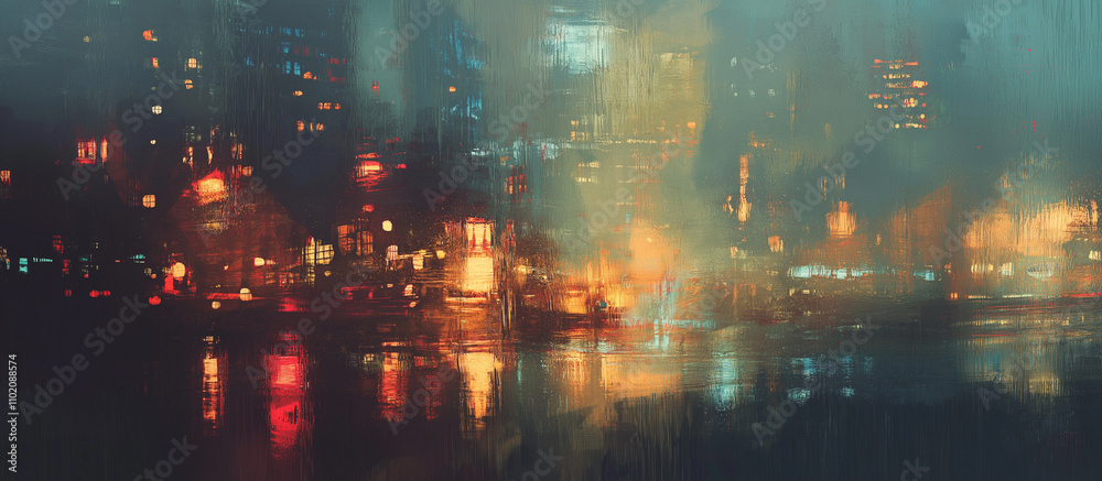 Fototapeta premium Rainy window view Oil Painting background, busy city, bokeh, cozy, nostalgic 