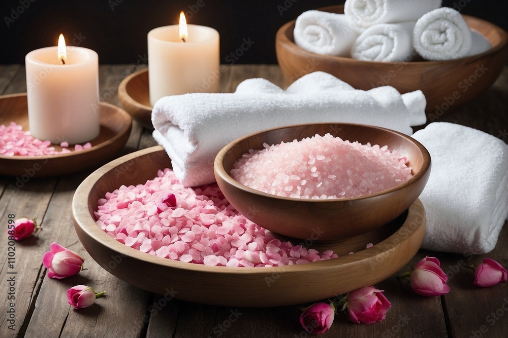Wooden Bowl with Pink Bath Salt and a Stack of White Towels on a Wooden Table Wooden Bowl with Pink Bath Salt and a Stack of White Towels on a Wooden Table