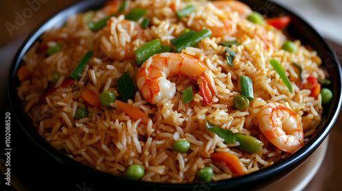 A Heartwarming Bowl of Fried Rice Loaded with Fresh Vegetables and Succulent Shrimp, Perfect for a Comforting Dinner