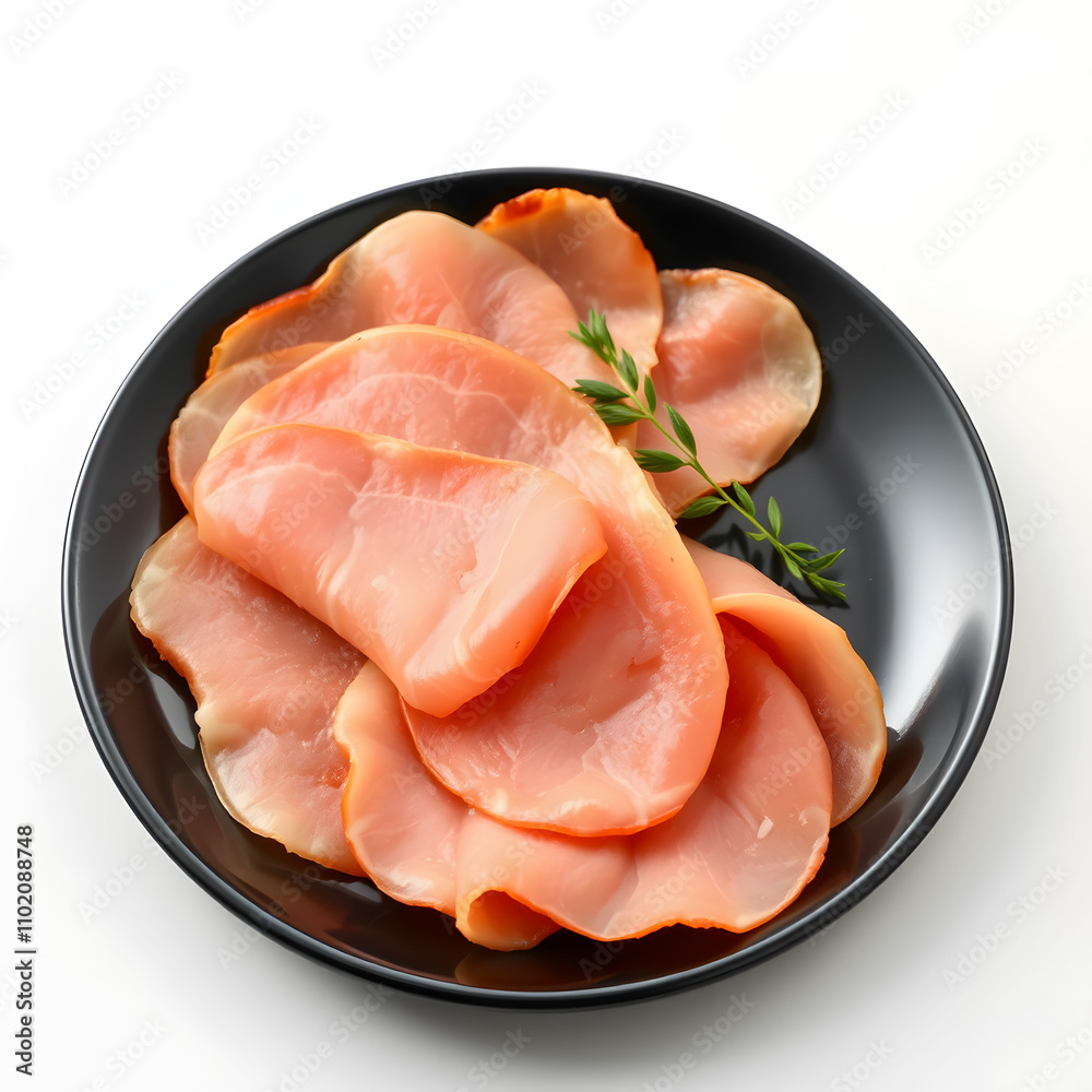 Thinly sliced Spanish Serrano ham elegantly arranged on a black plate Thinly sliced Spanish Serrano ham elegantly arranged on a black plate