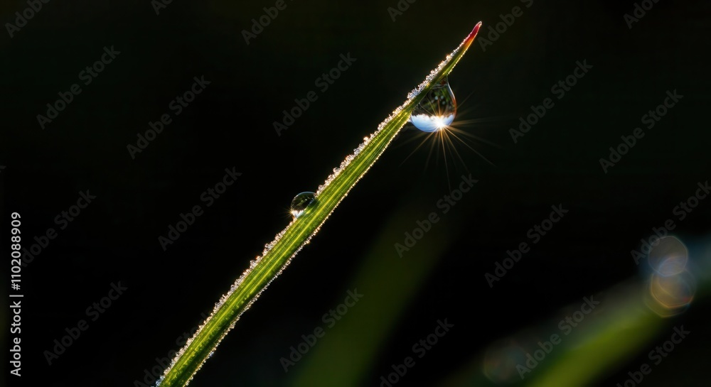 Sunlit morning dew on single green blade of grass Sunlit morning dew on single green blade of grass
