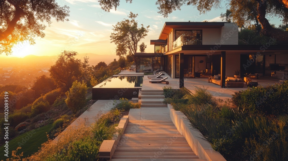 Fototapeta premium Modern luxury home with sleek architecture and expansive outdoor living area overlooking a stunning sunset view set in a serene natural landscape