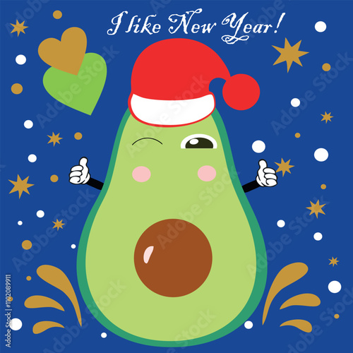 Cute avocado likes New Year. Avocado in a New Year's red cap. Vector.