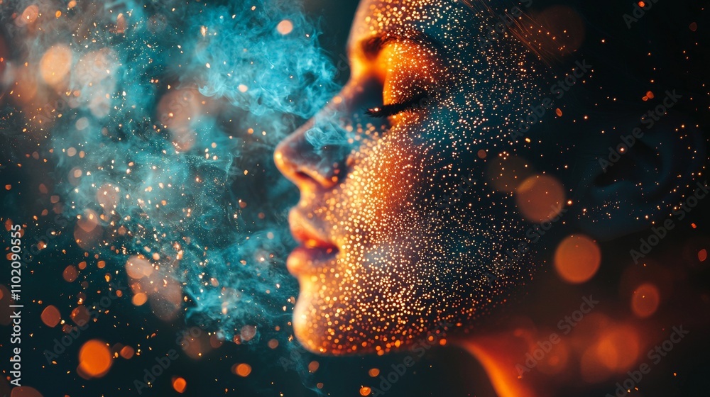 Fototapeta premium Artistic profile of a face surrounded by glowing particles and mist