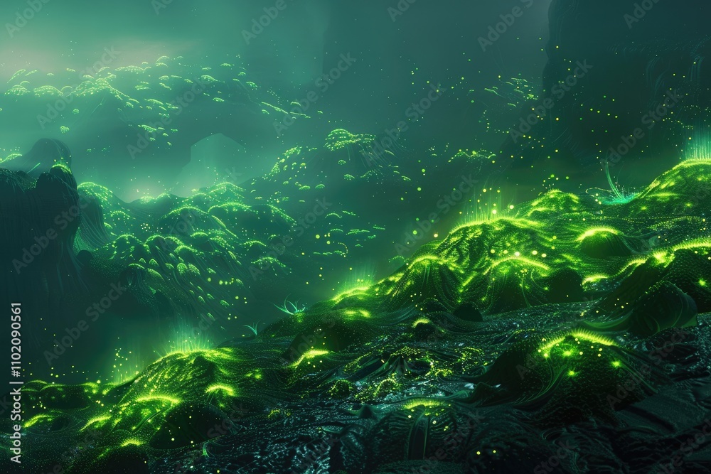 Glowing Green Hills in a Dark and Mysterious Landscape Glowing Green Hills in a Dark and Mysterious Landscape