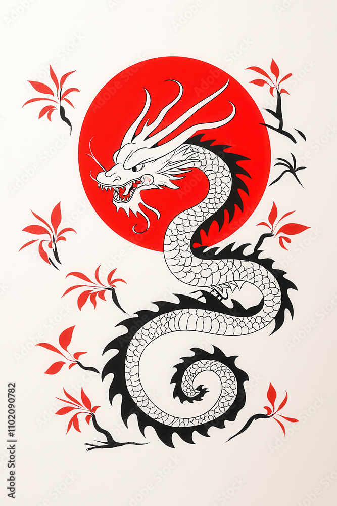 Fototapeta premium Elegant dragon spiraling around glowing red sun, surrounded by bamboo. This striking design captures essence of strength and beauty, evoking sense of mystique and power