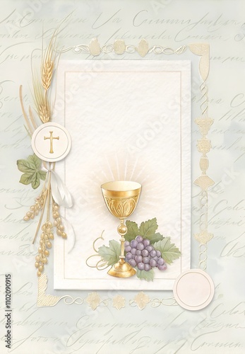 Elegant religious design featuring a golden chalice and grapes with softly muted background