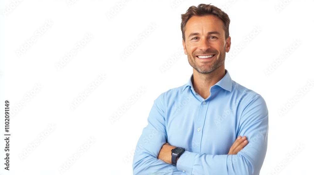 Handsome smiling business man in blue shirt standing with crossed arms, isolated on white background Handsome smiling business man in blue shirt standing with crossed arms, isolated on white background