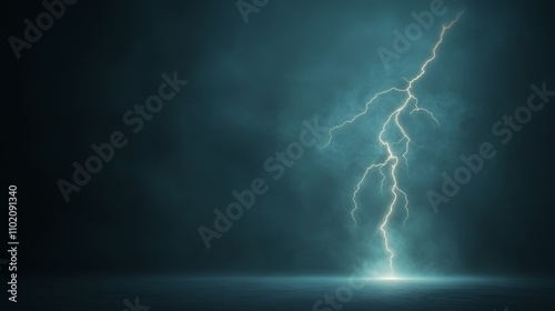 A single lightning bolt striking in the center of a dark background, generating cyan electricity that flows like liquid light, bathing the darkness in cool radiance, Photorealistic photo