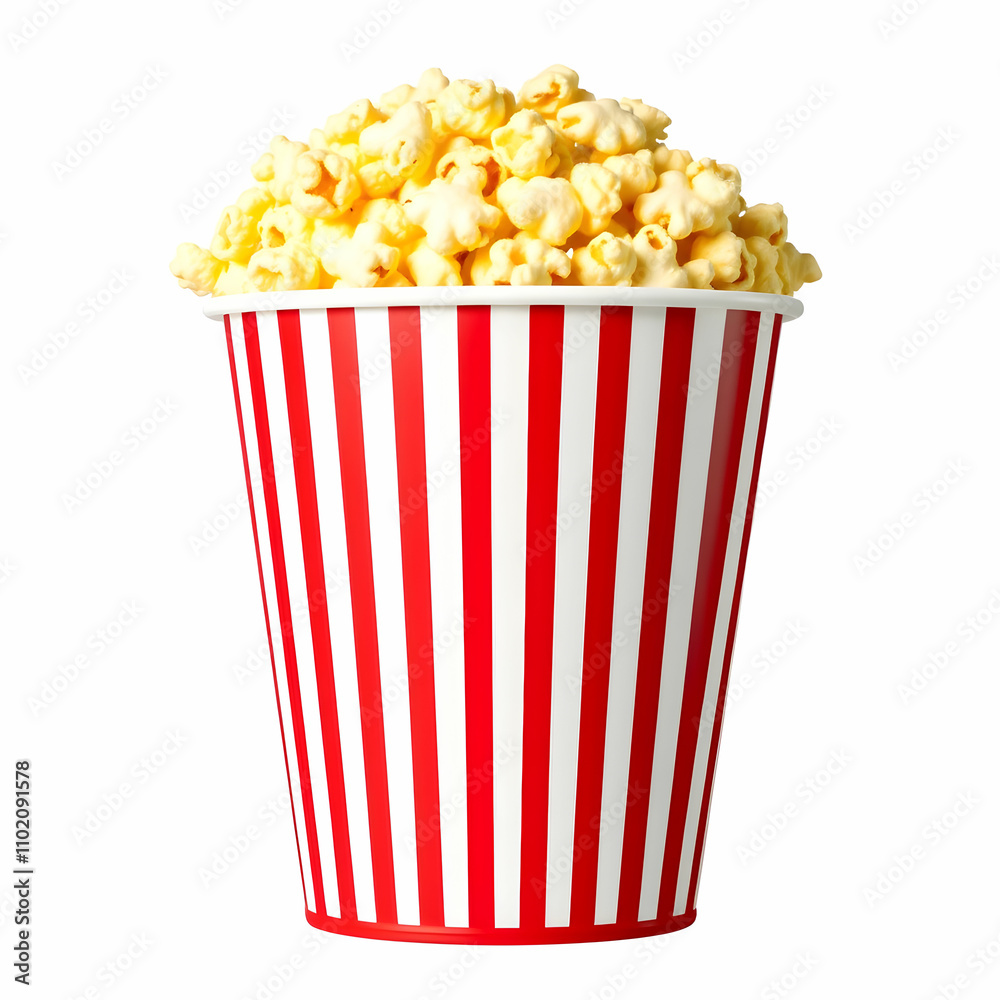 Popcorn bucket with iconic red and white stripes packed to the brim with golden popcorn Popcorn bucket with iconic red and white stripes packed to the brim with golden popcorn