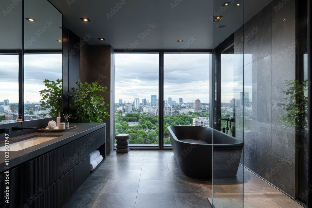 Transforming relaxation elegant hotel bathroom with gray tones and black matte accents luxurious design urban view modern aesthetics Transforming relaxation elegant hotel bathroom with gray tones and black matte accents luxurious design urban view modern aesthetics