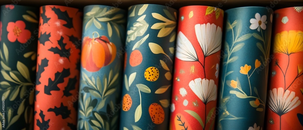 Beautifully wrapped gifts featuring an array of cheerful holiday themed gift wrap designs including vibrant floral patterns textured backgrounds and nature inspired motifs Beautifully wrapped gifts featuring an array of cheerful holiday themed gift wrap designs including vibrant floral patterns textured backgrounds and nature inspired motifs