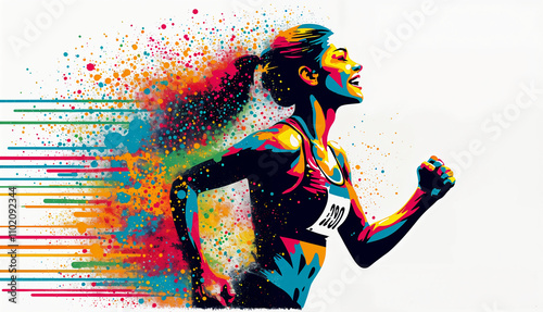 Vibrant illustration of a woman running, surrounded by dynamic splashes of colorful paint, symbolizing energy and movement