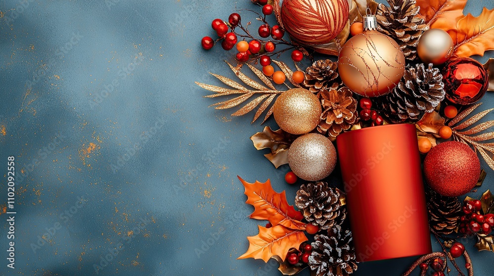 Festive arrangement of ornaments and leaves on a textured blue background. Festive arrangement of ornaments and leaves on a textured blue background.