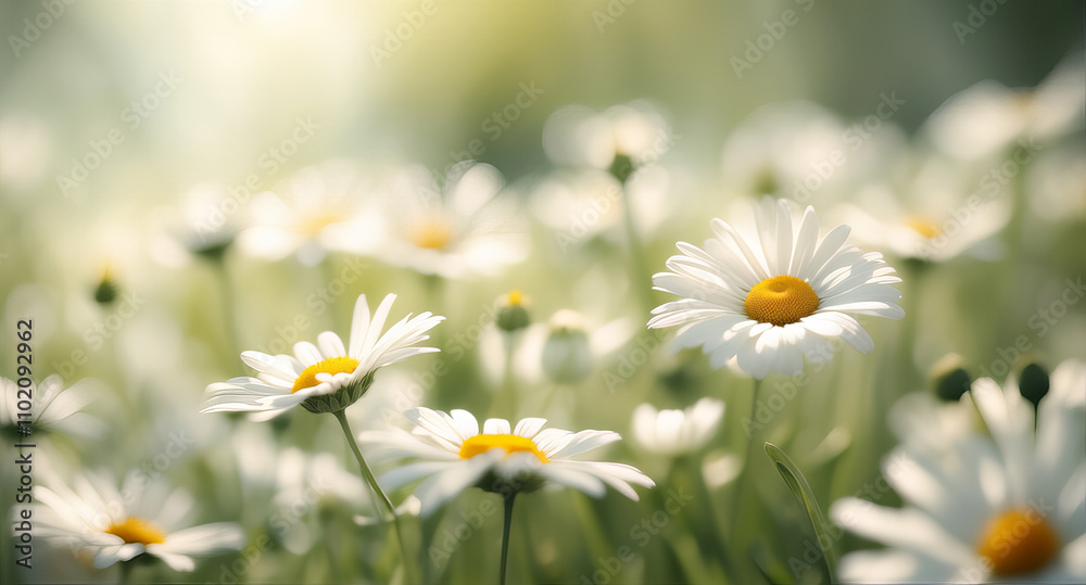 A serene meadow filled with white daisies under soft sunlight, showcasing vibrant yellow centers and a dreamy green background.