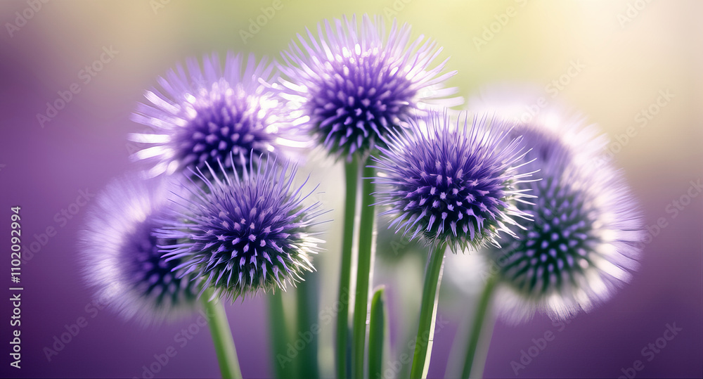 Close-up of purple globe thistle flowers with a blurred background, highlighting their spiky spherical blooms in a natural setting. Close-up of purple globe thistle flowers with a blurred background, highlighting their spiky spherical blooms in a natural setting.