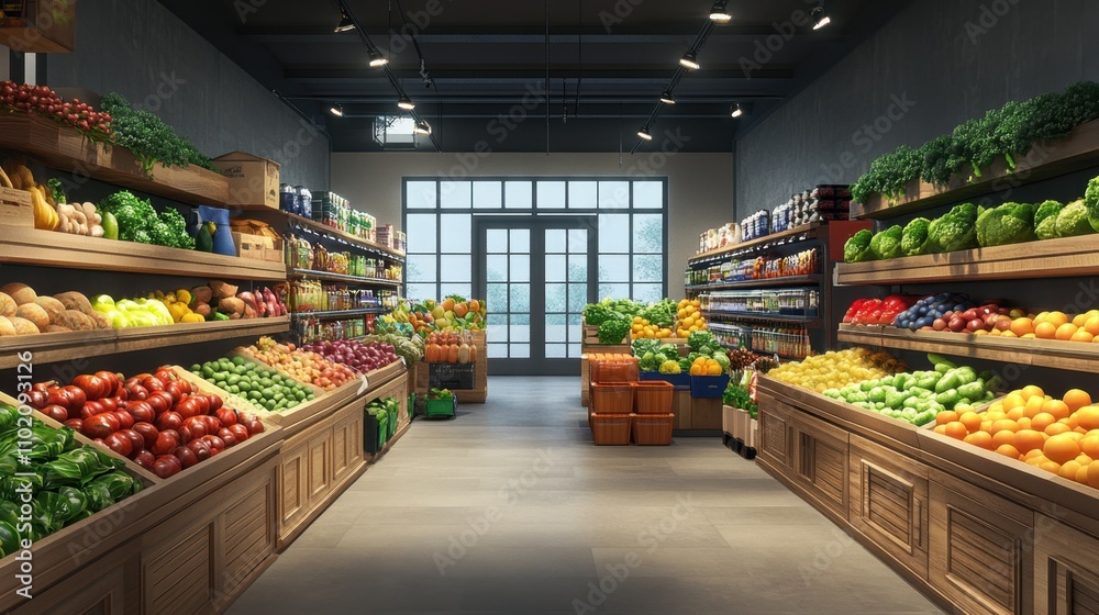 Obraz premium A beautifully organized aisle with a diverse selection of fruits and vegetables in a modern grocery store