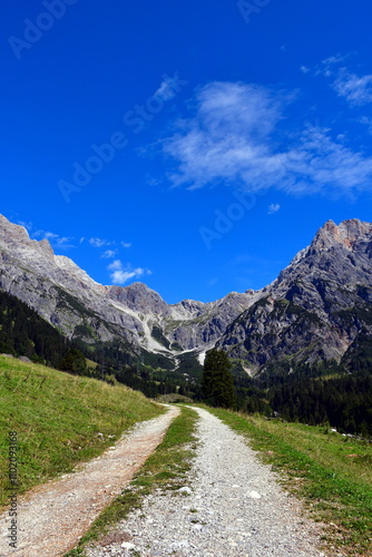 Schotterweg verläuft ins Bild und verliert sich in der Ferne. Berge und blauer Himmel im Hintergrund