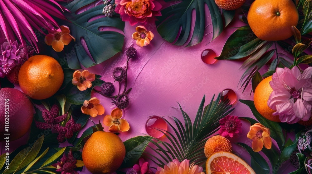 Tropical fruits and flowers on a vibrant pink background