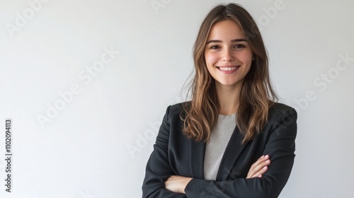 Happy cheerful female consultant looking at camera. Young europe business woman with clasped hands standing isolated over white background, smiling. Happy entrepreneur concept