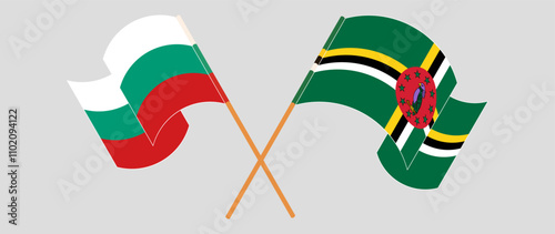 Crossed and waving flags of Bulgaria and Dominica. Vector illustration