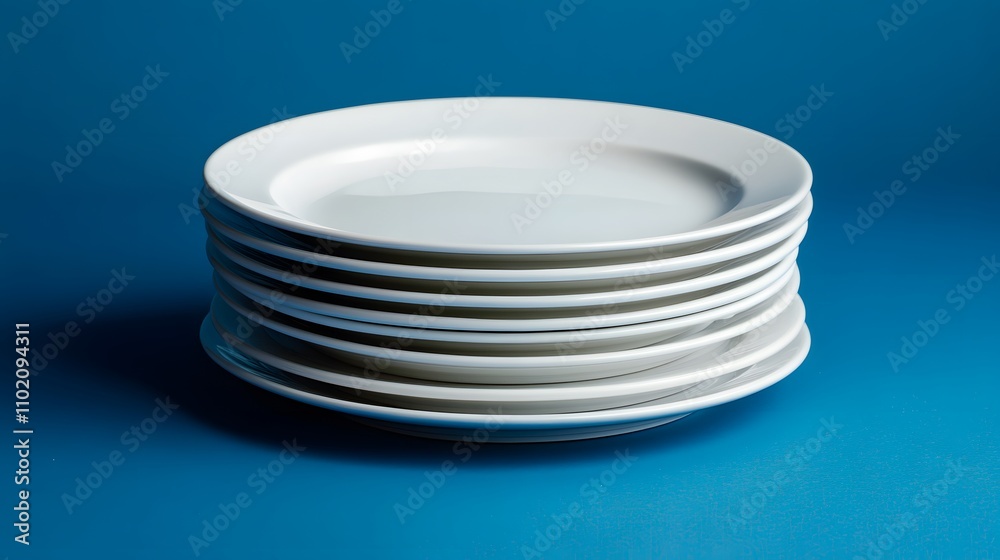Stacked White Plates on Blue Background Stacked White Plates on Blue Background