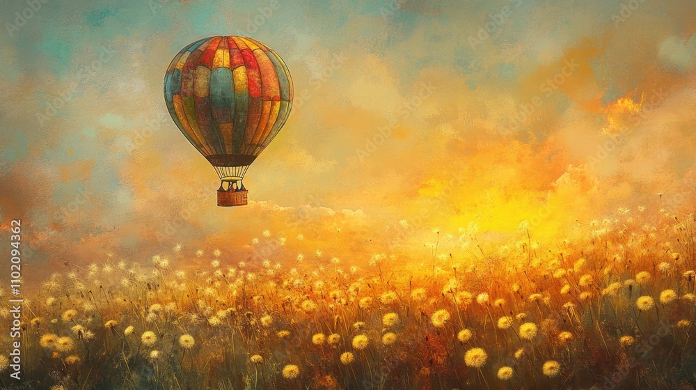 Fototapeta premium A colorful hot air balloon ascending over a golden dandelion meadow at sunset, capturing a tranquil and dreamy ambiance.