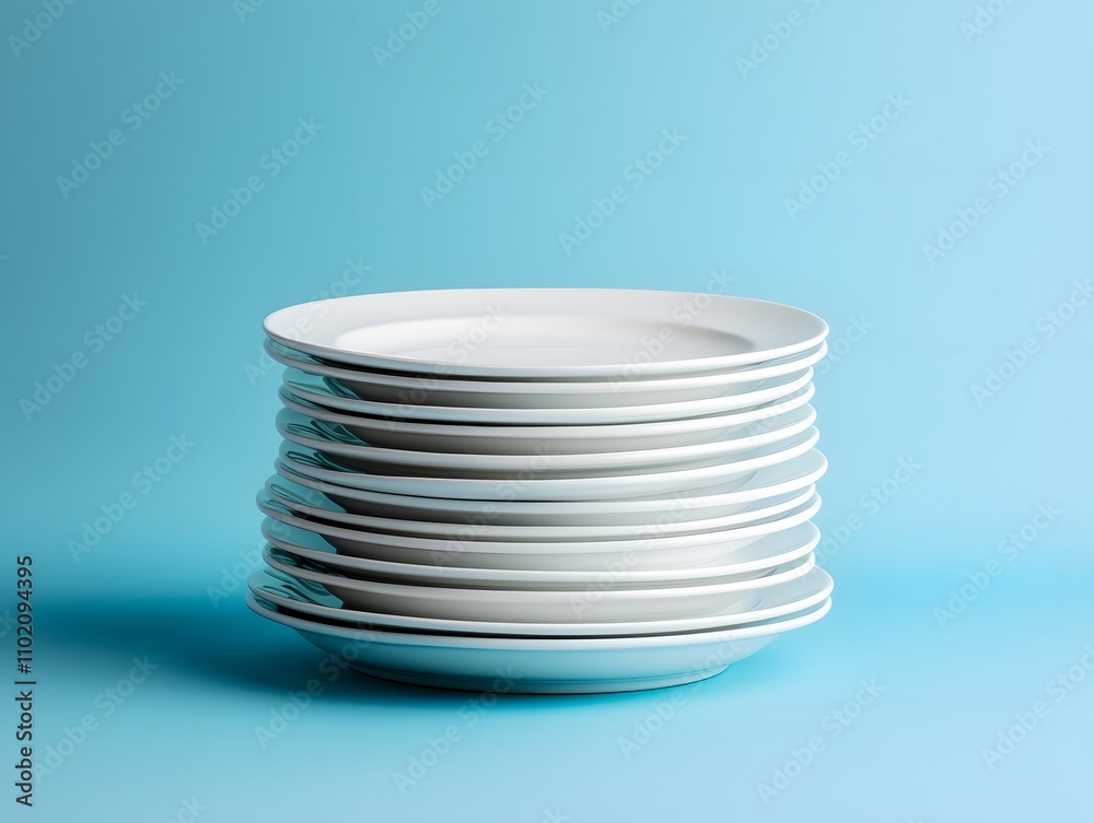 Stacked White Plates on Blue Background