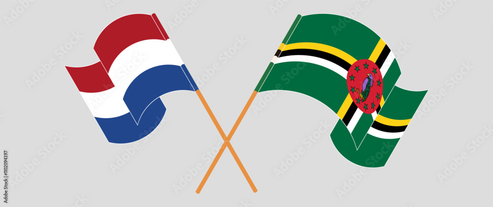 Crossed and waving flags of the Netherlands and Dominica. Vector illustration Crossed and waving flags of the Netherlands and Dominica. Vector illustration