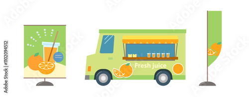 オレンジジュースを販売するフードトラックのイラスト。新鮮なフレッシュジュースを移動販売車で売るビジネス。