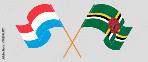 Crossed and waving flags of Luxembourg and Dominica. Vector illustration