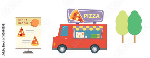 ピザを販売するフードトラックのイラスト。軽食を移動販売車で売るカフェビジネス。赤いトラックの隣に置かれた看板と木々のセット。