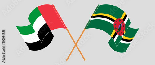 Crossed and waving flags of the United Arab Emirates and Dominica. Vector illustration