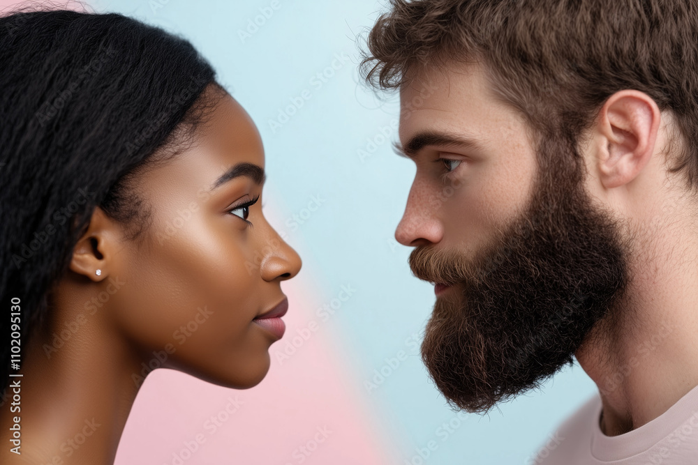 african american woman and bearded european man looking at each other on pink and blue background african american woman and bearded european man looking at each other on pink and blue background