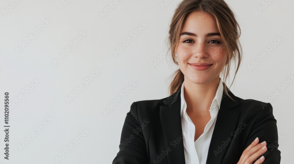 Happy cheerful female consultant looking at camera. Young europe business woman with clasped hands standing isolated over white background, smiling. Happy entrepreneur concept Happy cheerful female consultant looking at camera. Young europe business woman with clasped hands standing isolated over white background, smiling. Happy entrepreneur concept