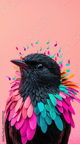 Voice tone rhythm concept. A colorful bird adorned with vibrant, petal-like feathers against a soft pink background, creating a striking visual contrast. photo