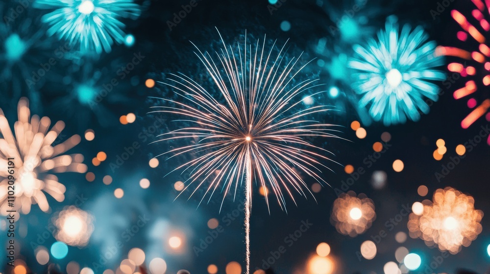 Fototapeta premium Fireworks exploding above a lively street party celebrating new year's eve