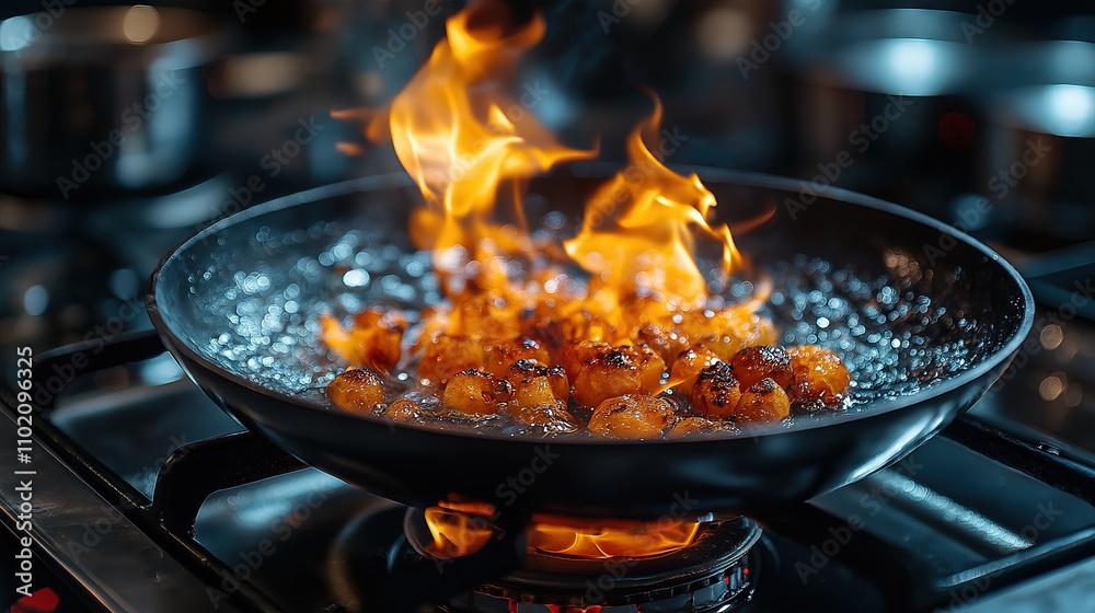 Sizzling Shrimp in a Pan with Flames Sizzling Shrimp in a Pan with Flames