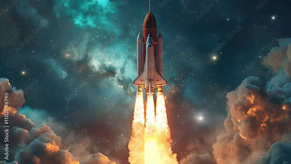 	
The rocket takes off from the planet. Colorful bright modern. Created with Generative AI.	
