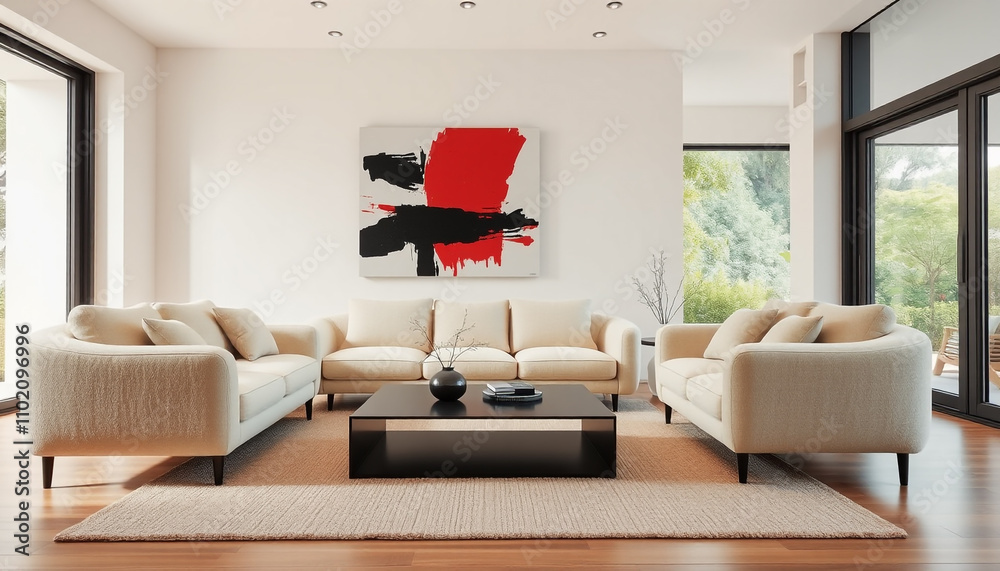 Fototapeta premium Japandi Minimalist Interior Design with Art Frame and Stylish Sofa in Modern Living Room.
