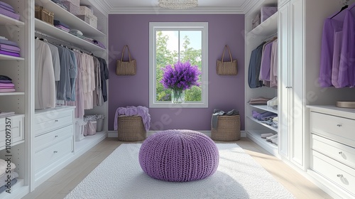 A beautifully organized and aesthetically pleasing bedroom walk-in closet with purple accents, featuring neatly arranged clothing, baskets, and decorative elements in soft lighting. photo