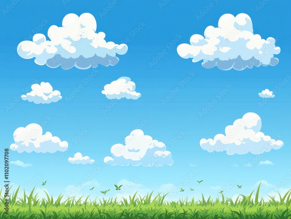 A vibrant blue sky filled fluffy white clouds lush green grass. A vibrant blue sky filled fluffy white clouds lush green grass.