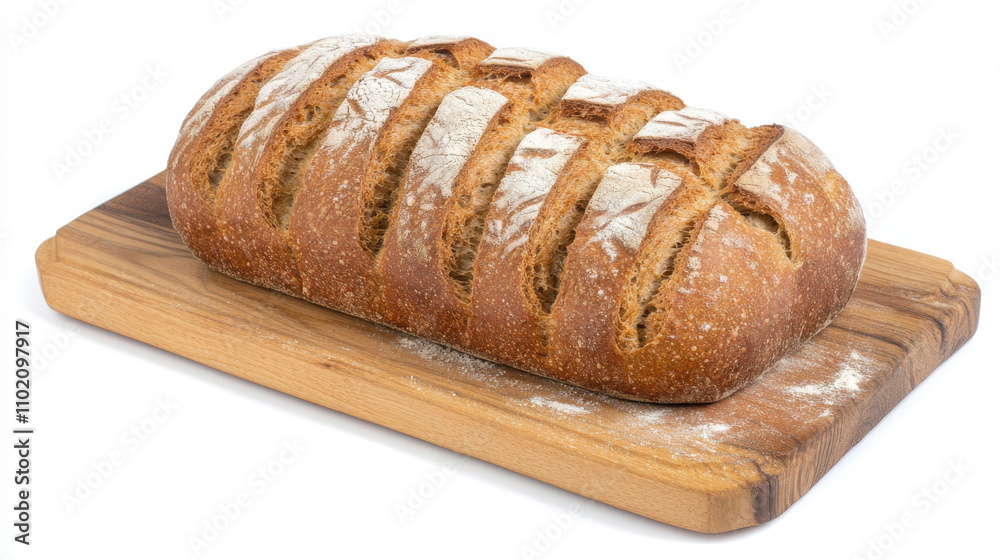 Freshly baked rustic bread loaf on wooden cutting board, perfect for sharing Freshly baked rustic bread loaf on wooden cutting board, perfect for sharing