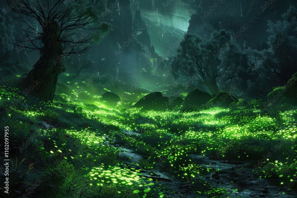 Enchanting Forest Creek with Glowing Flora and Silhouetted Trees