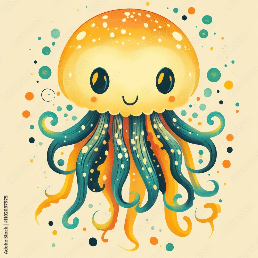 A Happy Smiling Jellyfish With Swirling Tentacles A Happy Smiling Jellyfish With Swirling Tentacles